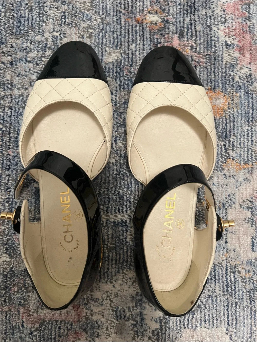 CHANEL Black & Cream Quilted Mary Jane Flats with Gold CC Hardware